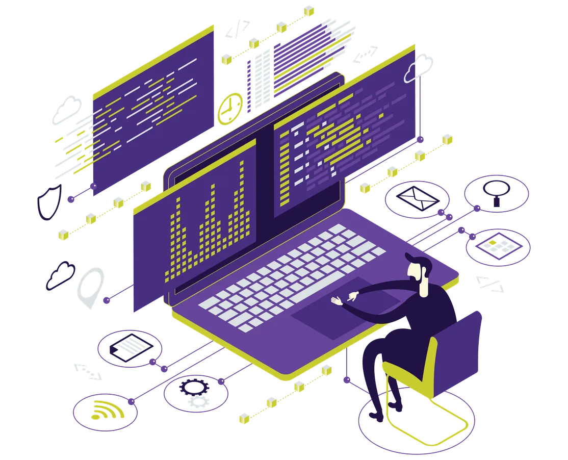 Ilustração de uma pessoa trabalhando em um notebook cercada de gráficos, mensagens e ícones de tecnologia