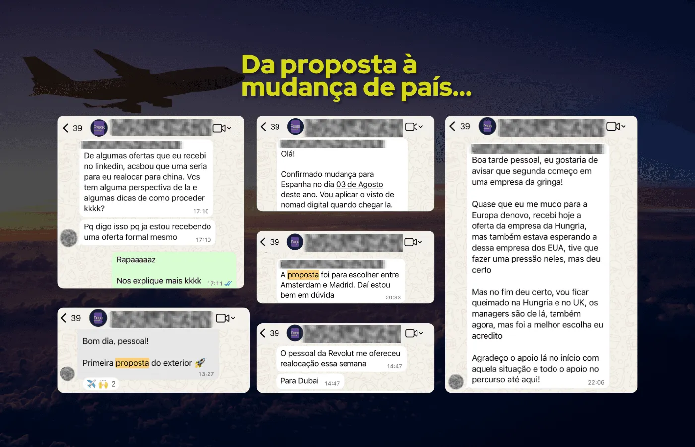 Mensagens reais de clientes no grupo da Passaporte Tech